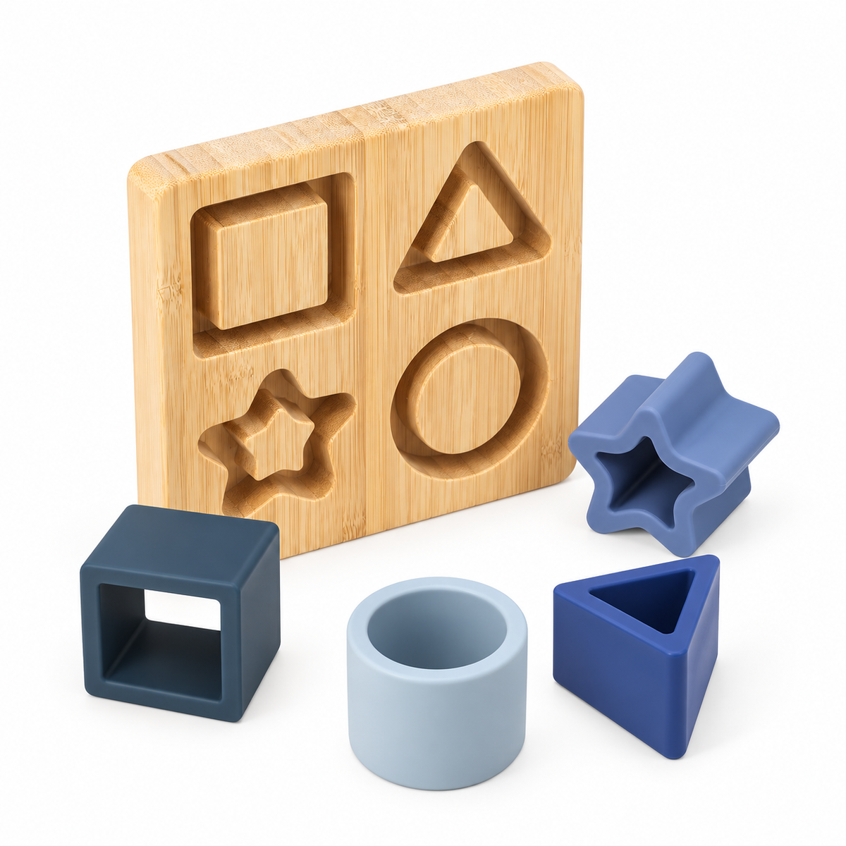 Silicone Shape Puzzle with Wooden Base - Blue