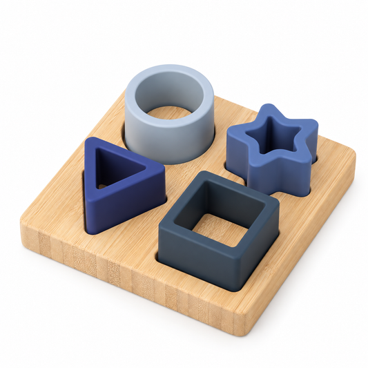 Silicone Shape Puzzle with Wooden Base - Blue
