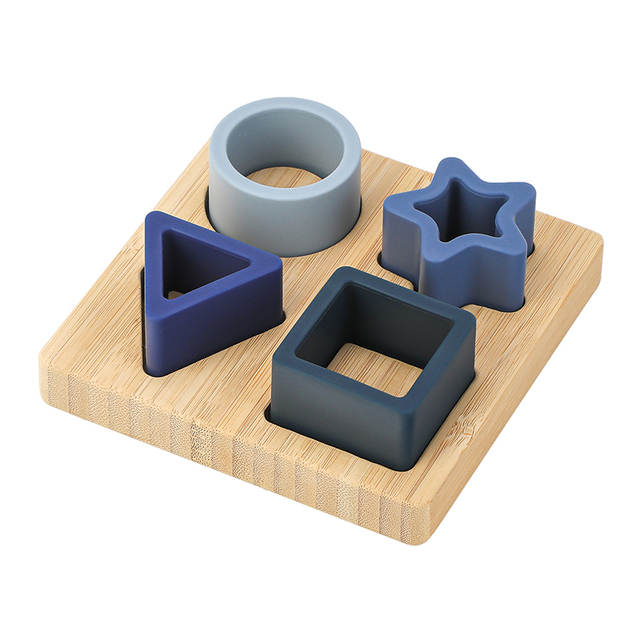 Silicone Shape Puzzle with Wooden Base - Blue