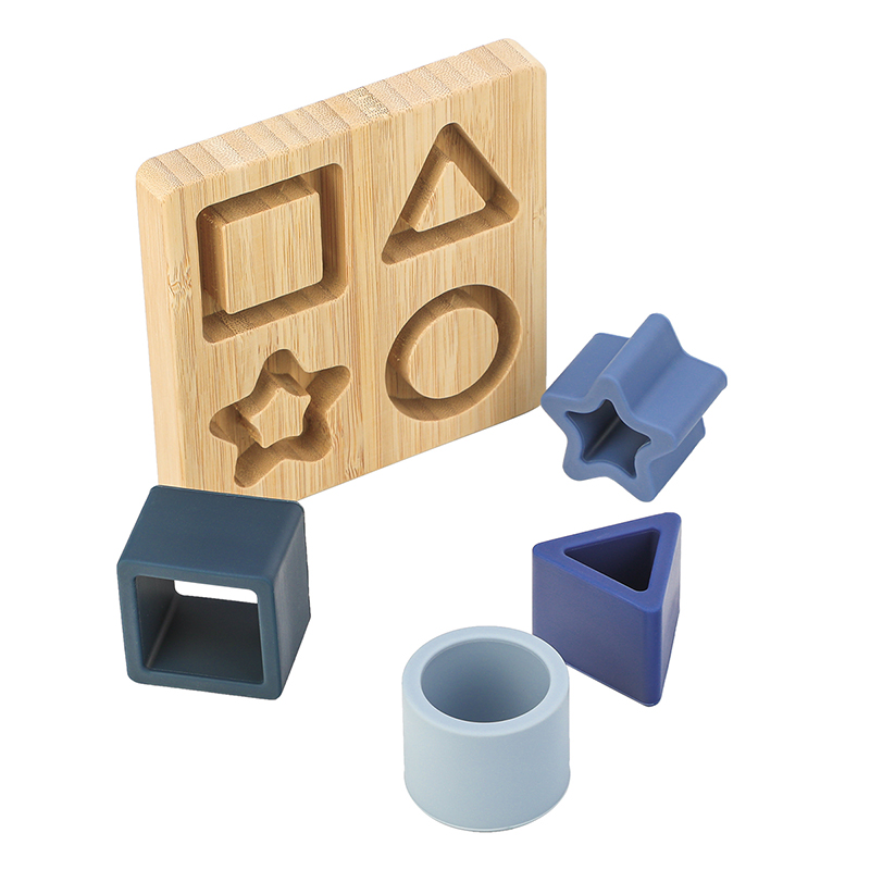 Silicone Shape Puzzle with Wooden Base - Blue