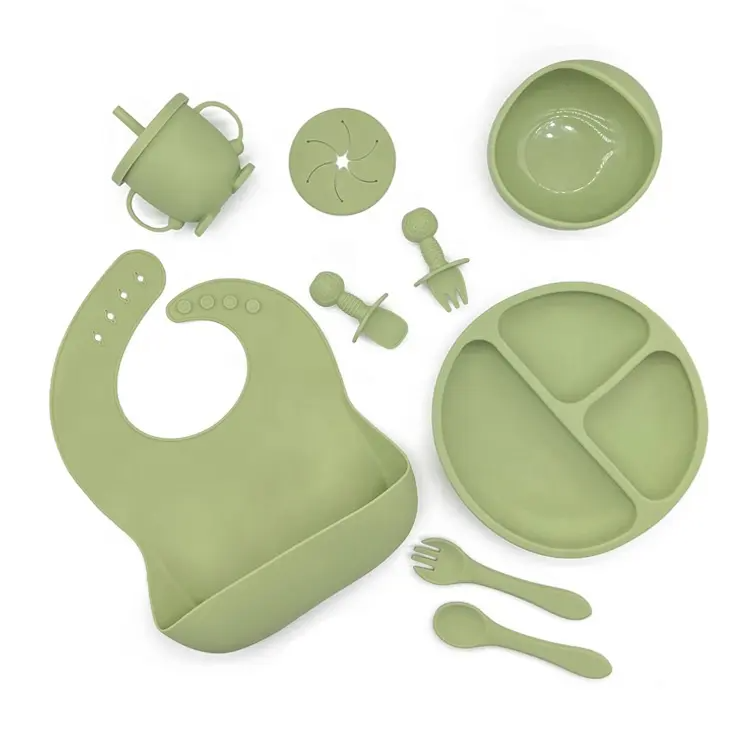 10-Piece Silicone Baby Feeding Set - Olive